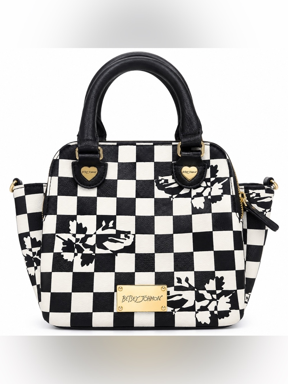 Betsey Johnson Checkerboard Floral Satchel Handbag Black White Gold Tone Purse